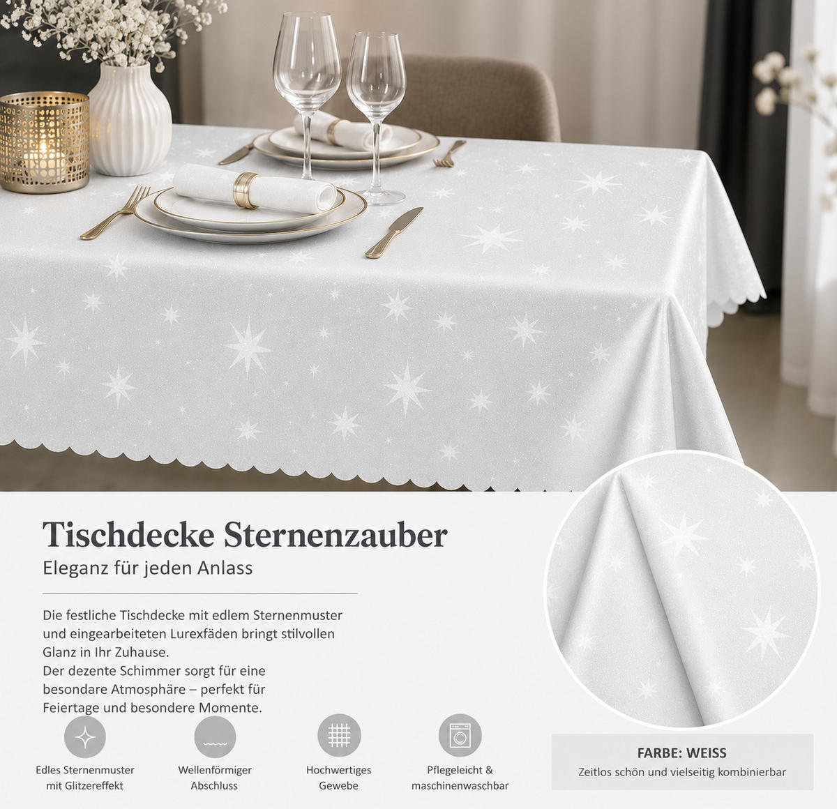 TISCHDECKE 130/220 eckig Lurex Sterne Weiß - Weiß, Textil (130/220cm) - TiborTex