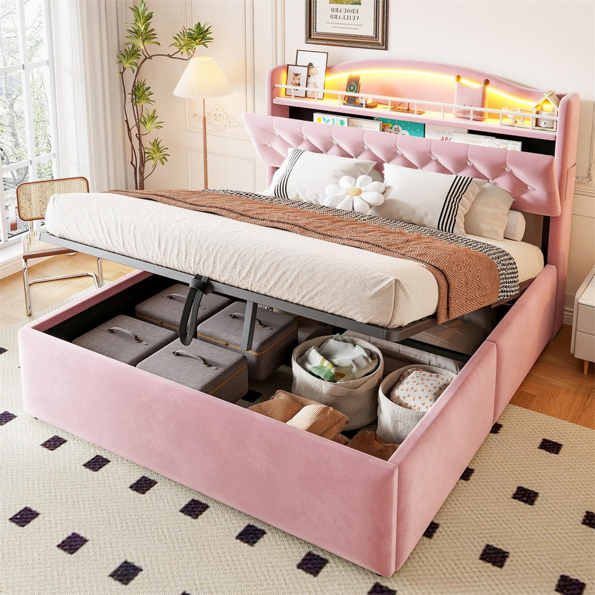 POLSTERBETT 140x200 cm mit hydraulischem Stauraum - LED Beleuchtung & Ladestation - Rosa - Ohne Matratze - Pink, Textil (140/200cm) - DELFA