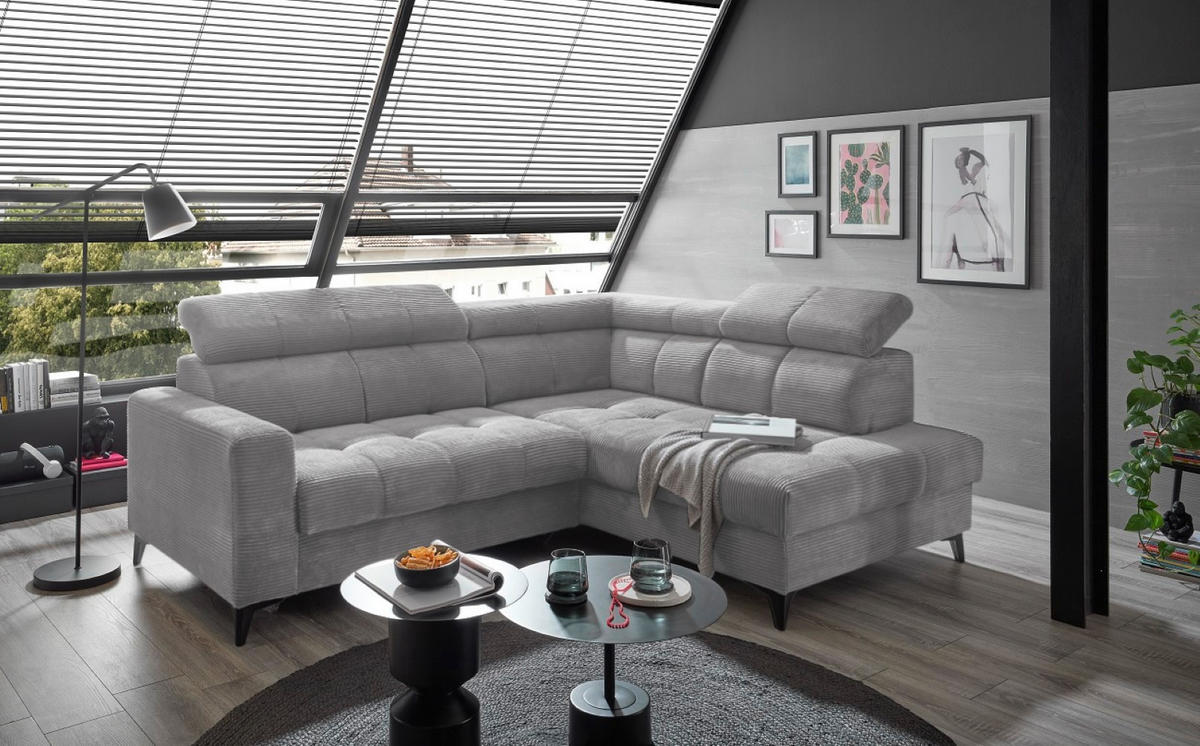 ECKSOFA mit elektronische Sitztiefenverstellung, USB-Anschluss und stilvollem Breitcord-Bezug - Hellgrau, Textil (200/243cm) - ed exciting design