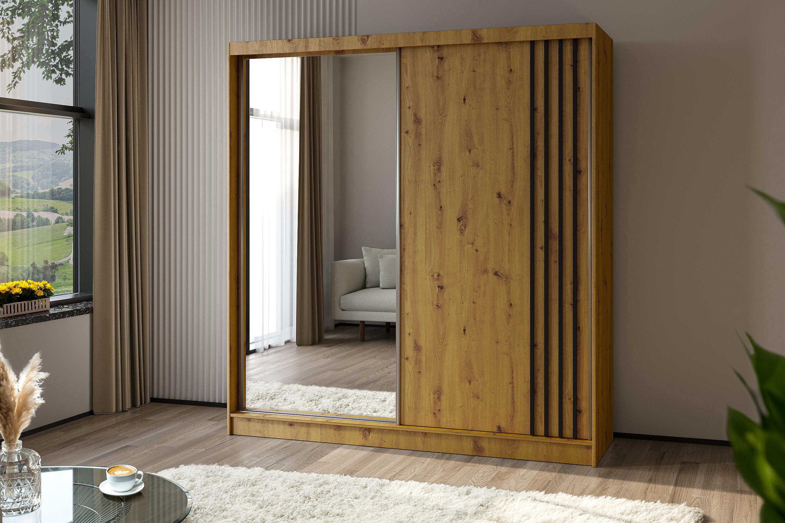 KLEIDERSCHRANK mit Spiegel-Schiebetüren und Aluminium-Leisten - NALLA - 200 cm Artisan+Artisan+Schwarz - Schwarz/Eiche Artisan, Holzwerkstoff (200/216/61cm) - ALTDECOR