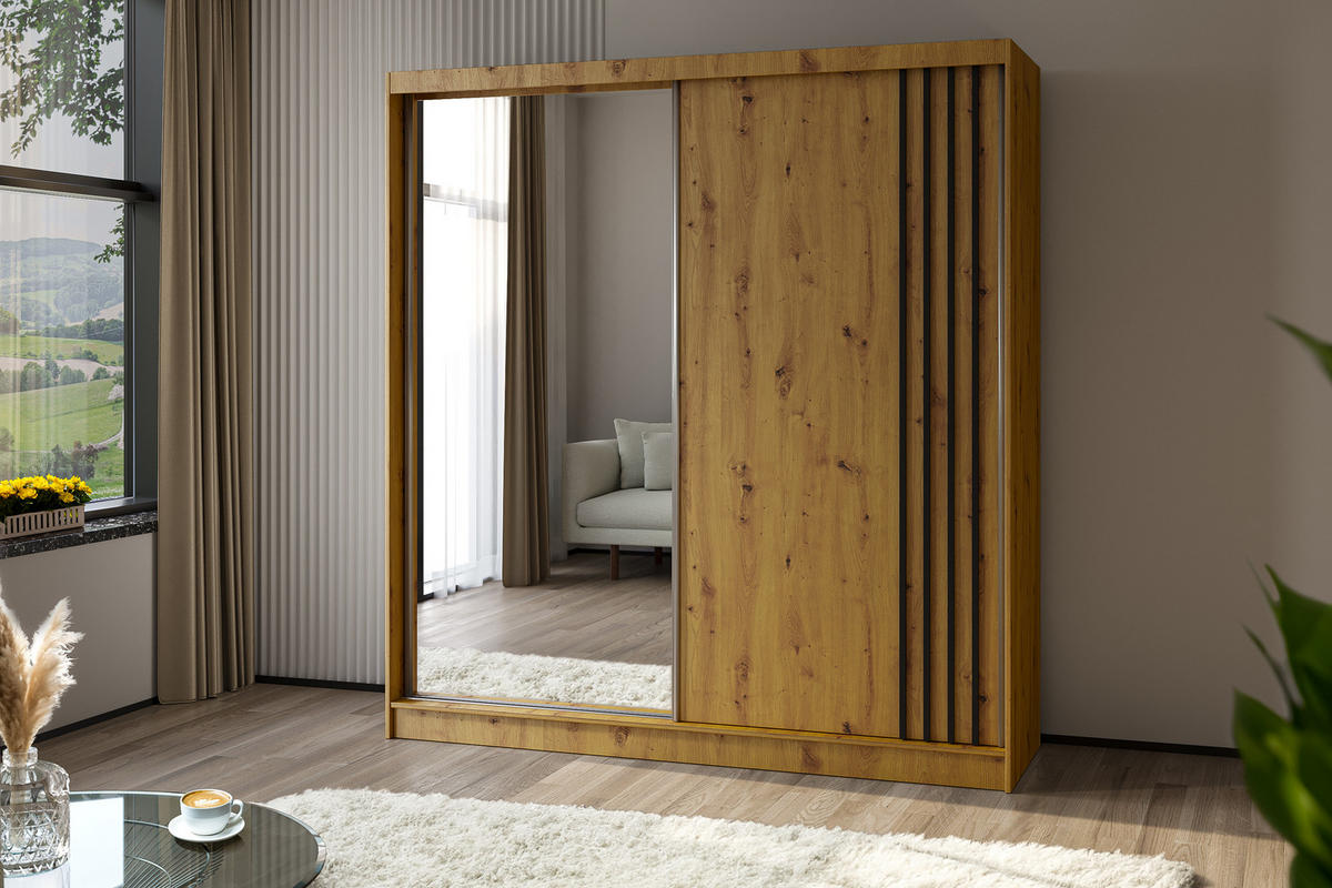 KLEIDERSCHRANK mit Spiegel-Schiebetüren und Aluminium-Leisten - NALLA - 200 cm Artisan+Artisan+Schwarz - Schwarz/Eiche Artisan, Holzwerkstoff (200/216/61cm) - ALTDECOR