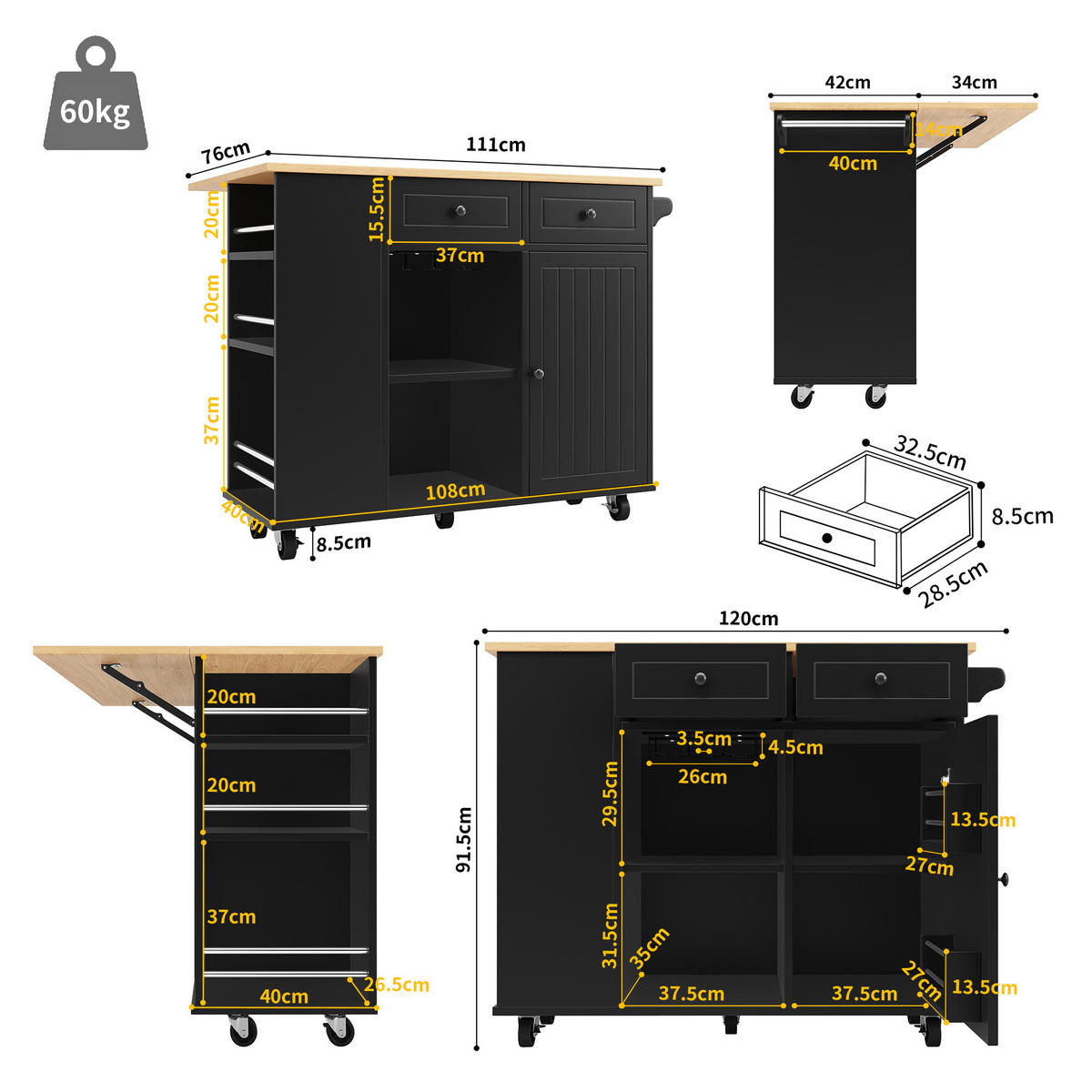 KÜCHENWAGEN 120x76x91.5cm Schwarz mit Weinglasregal, Snackregal & Rollen - Schwarz, Holzwerkstoff (120/91.5/76cm) - Modfu