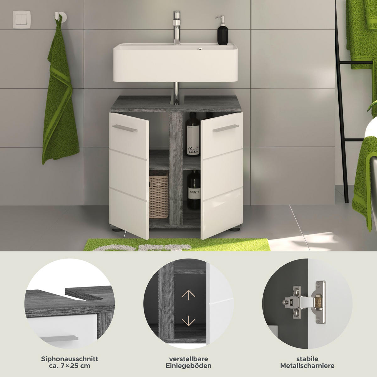 WASCHBECKENUNTERSCHRANK Blake Bad in Rauchsilber Nb. und weiß hochglanz B/H/T: 60x57x34 cm - Silberfarben, Holz (57/60/34cm)