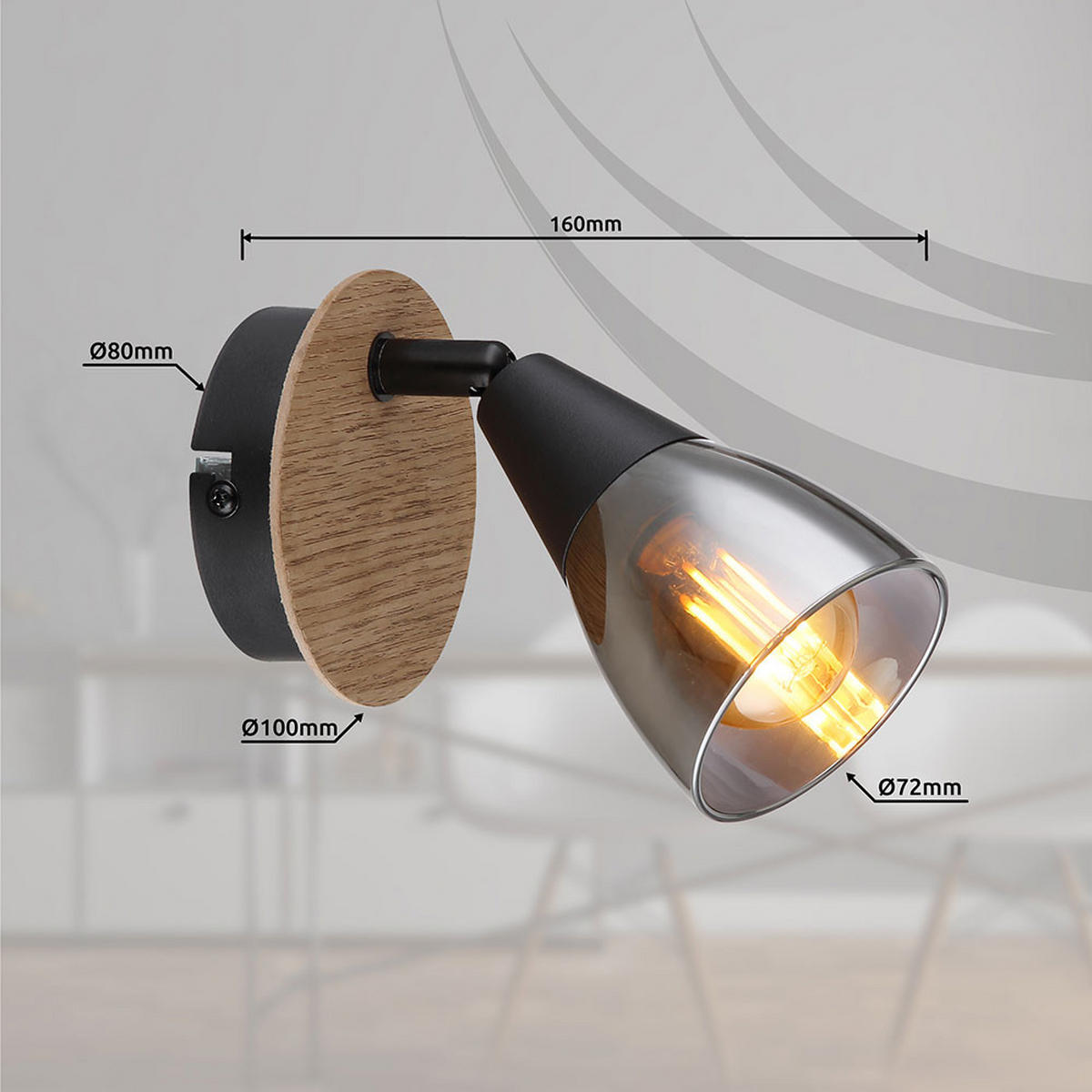 WANDLEUCHTE Metall Braun schwenkbar - Schwarz, Holz (8/13/16cm) - Globo Lighting