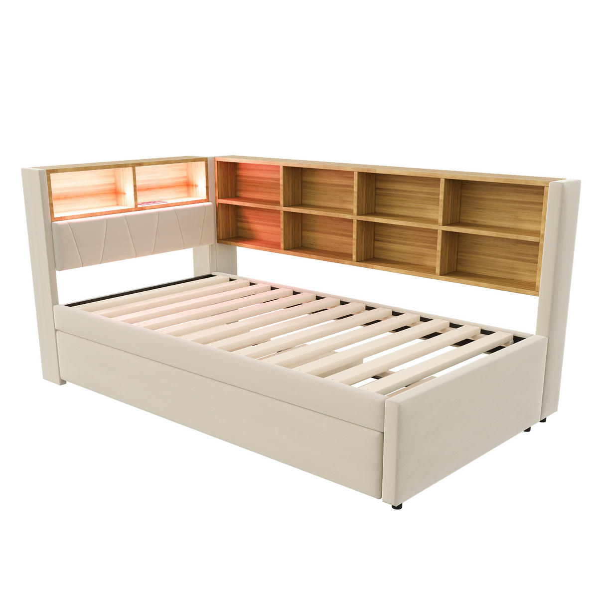 BETT 90/200 cm mit Ausziehbett 90/190 cm, LED-Beleuchtung, USB-C, Steckdose und Stauraum, Beige - Beige, Textil (90/200cm) - Redom