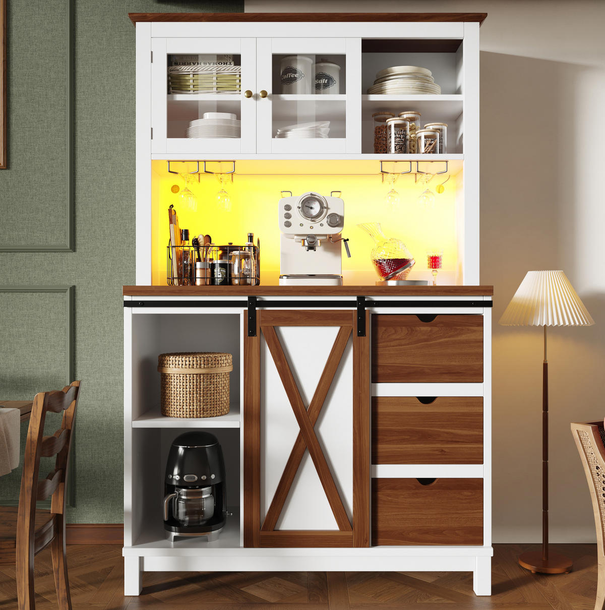 BUFFET 104/180/40 cm Weiß aus MDF, Metall und Glas mit LED-Beleuchtung - Weiß, Glas (40/180/104cm) - OKMYHOME