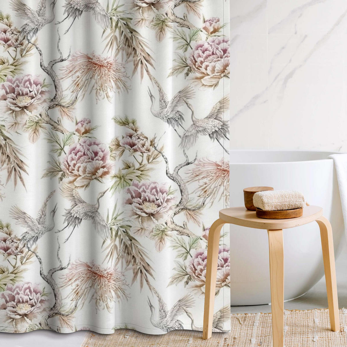 DUSCHVORHANG Aquarell Vögel mit großen Blüten 200/180 cm - Rosa, Textil (200/180cm) - Bilderwelten