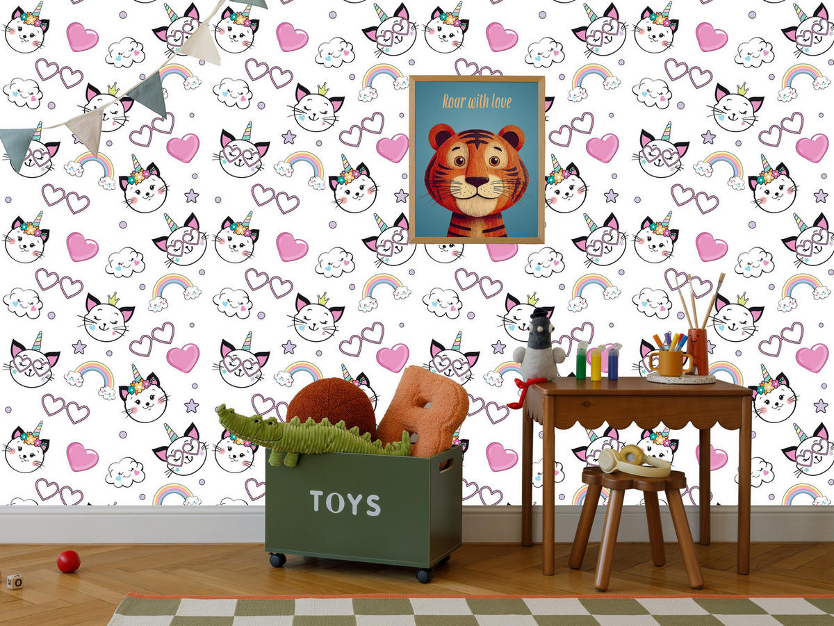 VLIESTAPETE Katzen, Regenbogen und Herzen – Rosa, Schwarz, Weiß – 50x1000 cm - Schwarz/Rosa, Papier (50/1000cm) - Muralo