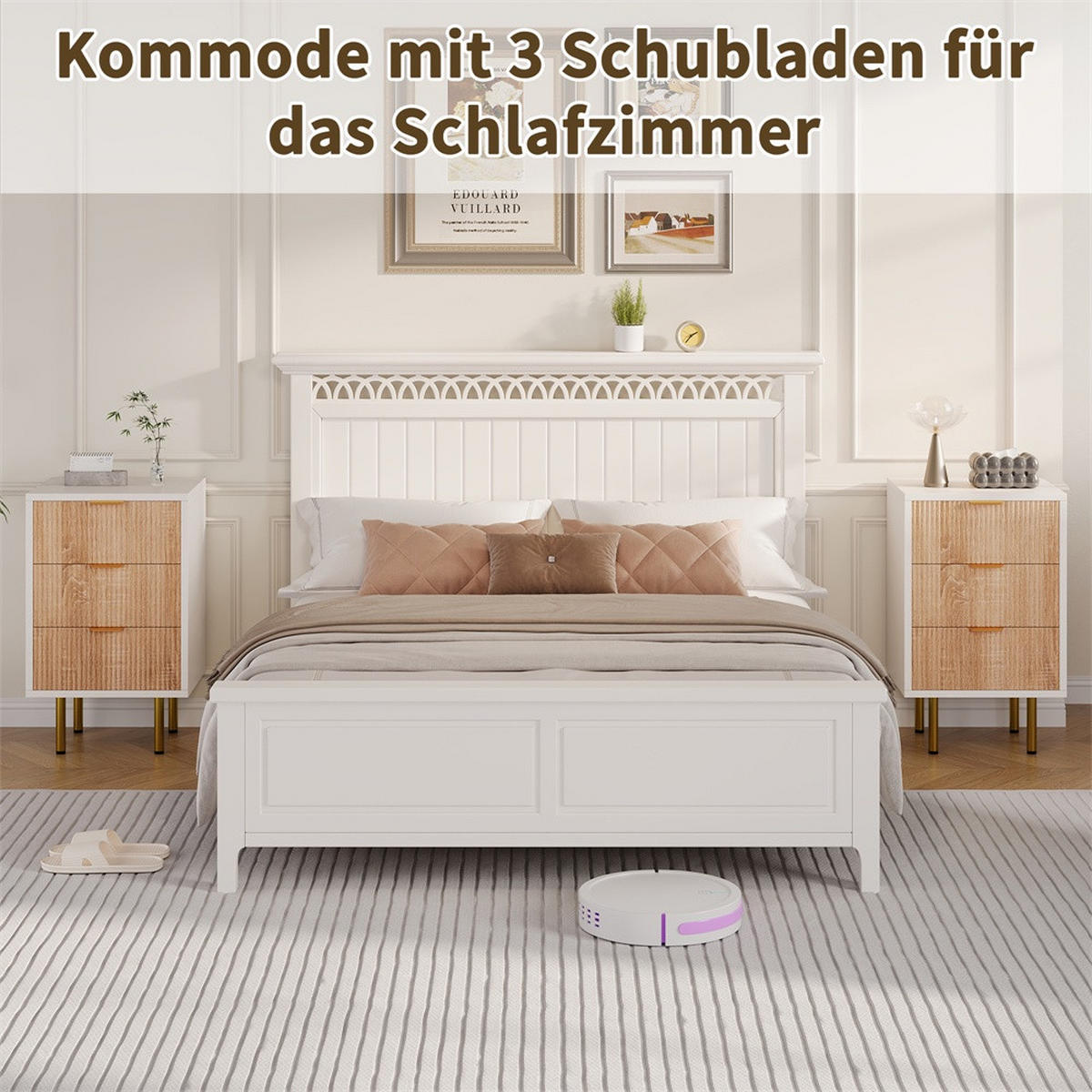 NACHTTISCH mit 3 Schubladen - Metallgriffe und Metallbeine -Rillendesign & Goldene Akzente - Weiß & Naturholz - Naturfarben, Holzwerkstoff (40/65/40cm) - DELFA