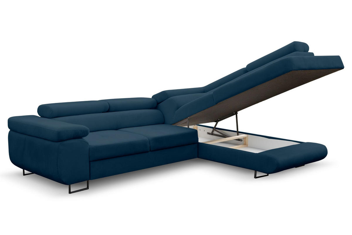 ECKSOFA Jerry in L-Form mit Schlaffunktion und Bettkasten, Farbe: Blau, Veloursstoff, Ottomane Rechts - Blau, Textil (275/202cm) - VENASI MÖBEL
