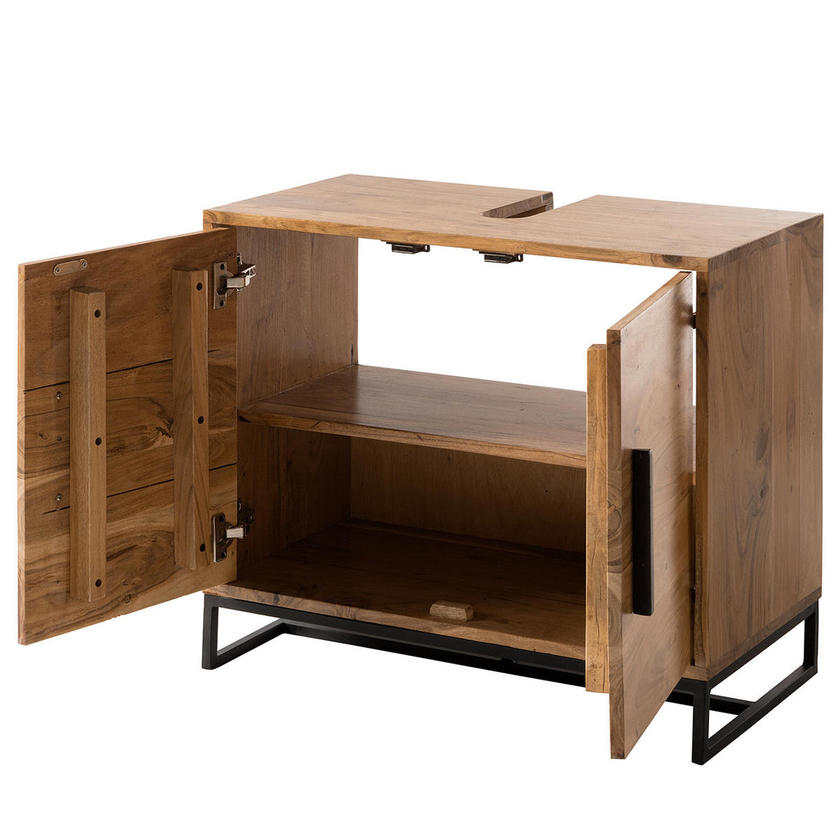 WASCHBECKENUNTERSCHRANK - Akazie massiv / Eisen - Schwarz/Akaziefarben, Holz/Metall (70/60/35cm) - home24