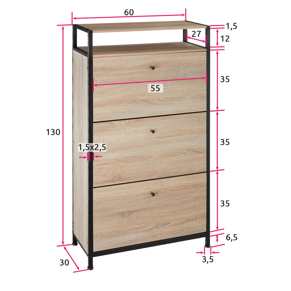 SCHUHSCHRANK Braddock,inklusive Kippschutz, 61 x 32 x 130 cm,Industrial Holz hell, Eiche Sonoma - Naturfarben, Holzwerkstoff (32/130/61cm) - tectake