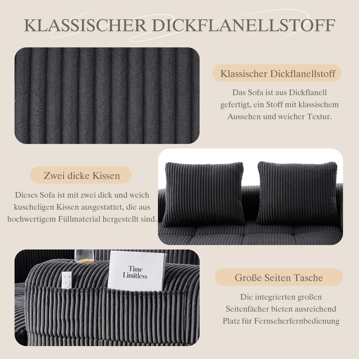 CHAISELONGUE in Cord Übergroßer Relaxsessel mit Seitentaschen - Dunkelgrau, Textil (158/61/93cm) - Urban Meuble
