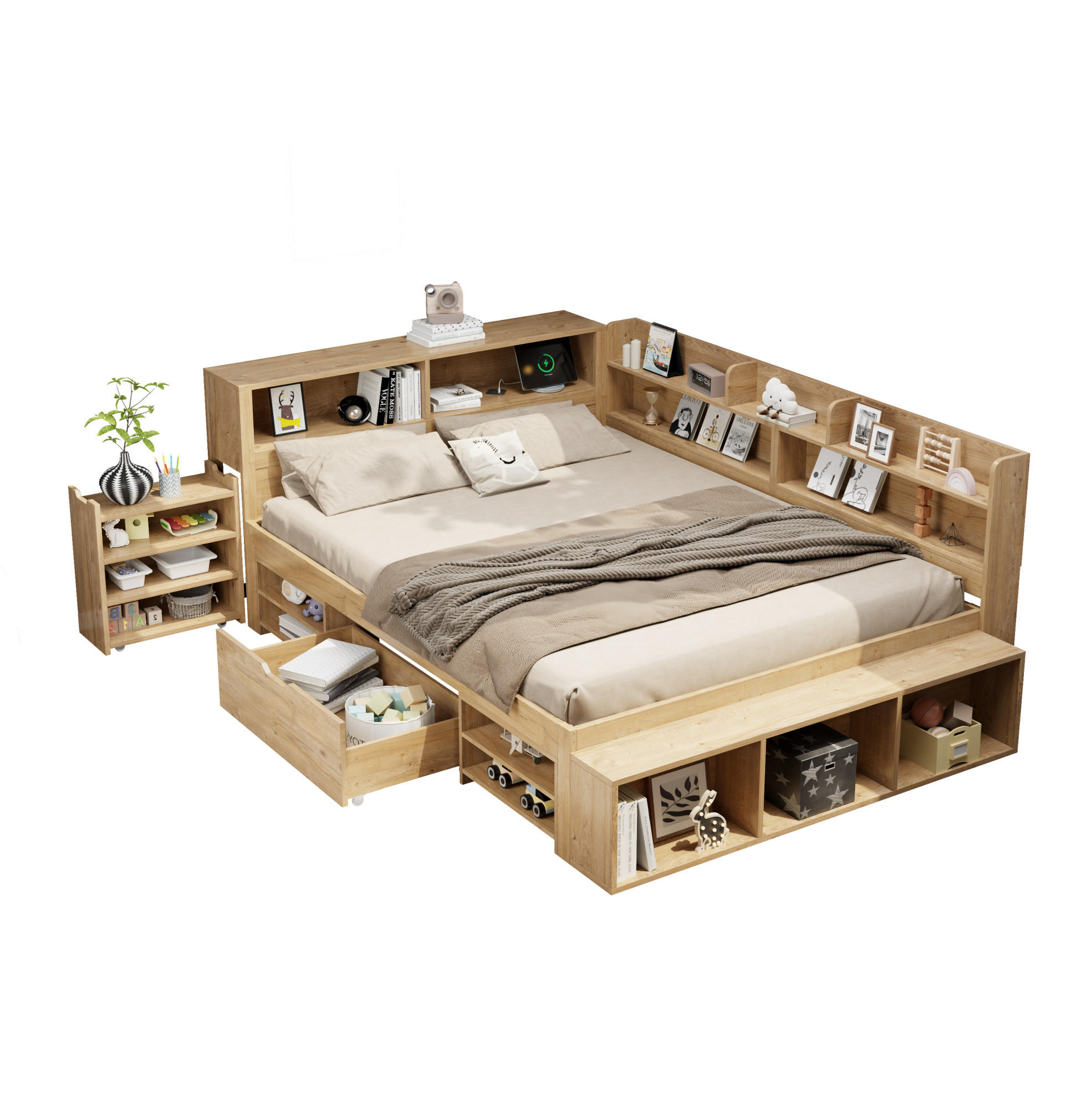 KINDERBETT 140/200 cm in Natur mit Stauraum und Regalen - Naturfarben, Holzwerkstoff (140/200cm) - Flora Grace