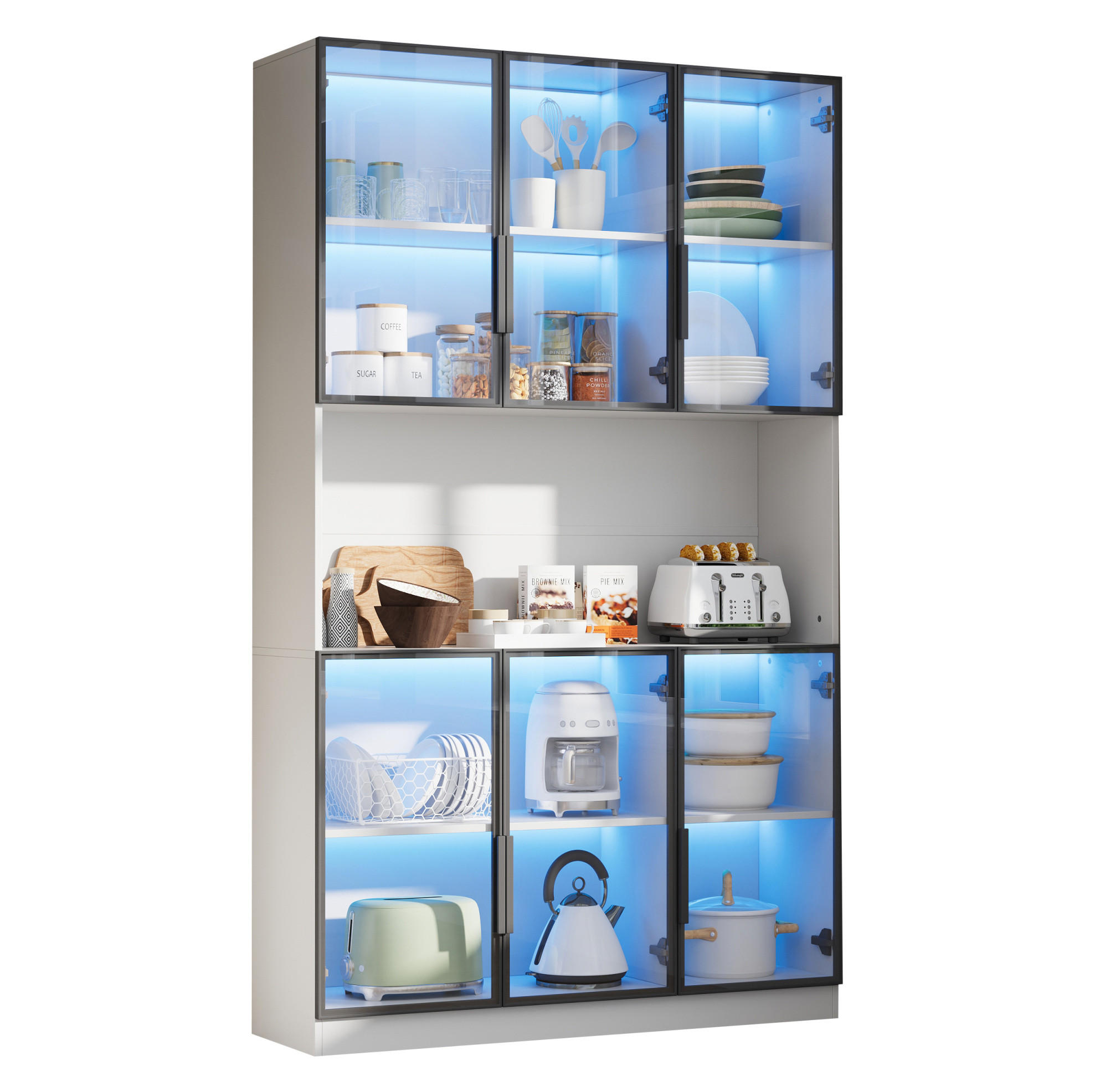 Modfu VITRÍNA z MDF 120x34x200 cm bílá s LED osvětlením, 6 dvířky, skleněnými výplněmi a tichým dovíráním