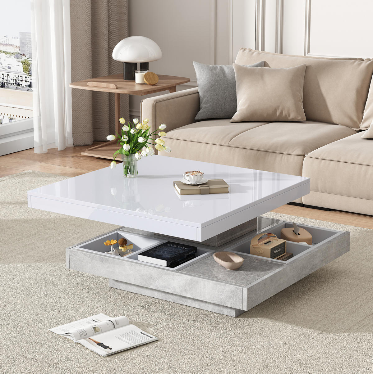 COUCHTISCH 70/70/36 cm weiß/marmor aus Spanplatte mit 360° drehbarer Platte - Weiß, Holzwerkstoff (70/70/36cm) - OKMYHOME
