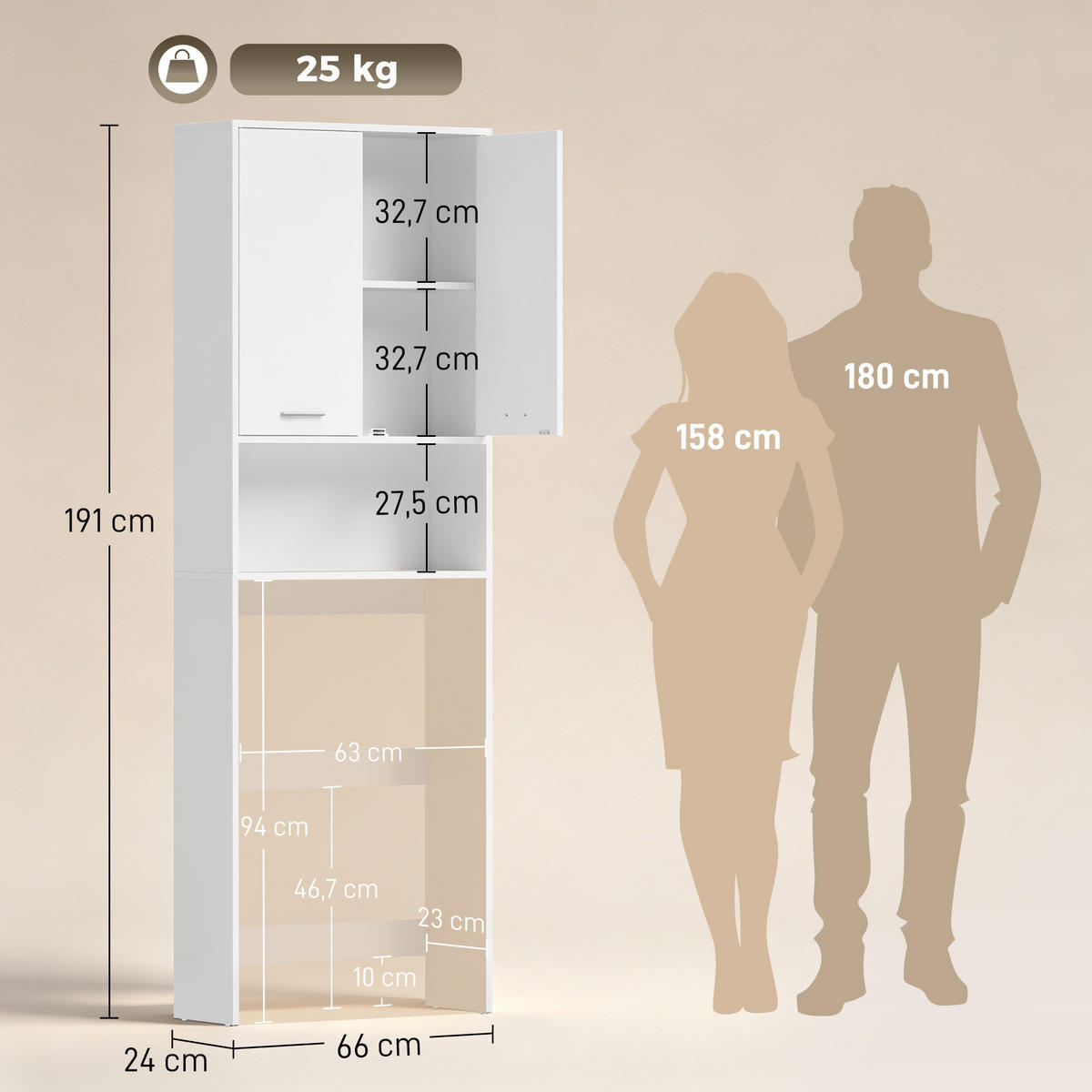 SKÅP för tvättmaskin, spånskiva, vit - Vit/Silverfärgad, Träbaserade material/Plast (24/191/66cm) - HOMCOM