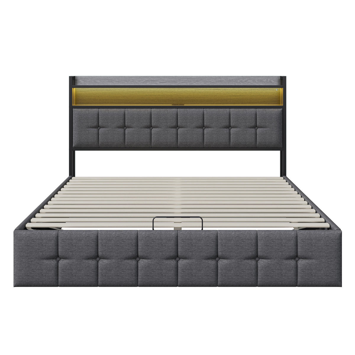 BETT mit Bettkasten 140x200 cm mit LED und USB, Polsterbett 140x200, Doppelbett 140x200 mit Stauraum, Lattenrost, Kopfteil, Grau Leinenstoff - Grau, Textil/Metall (140/200cm) - GENKI LIVING