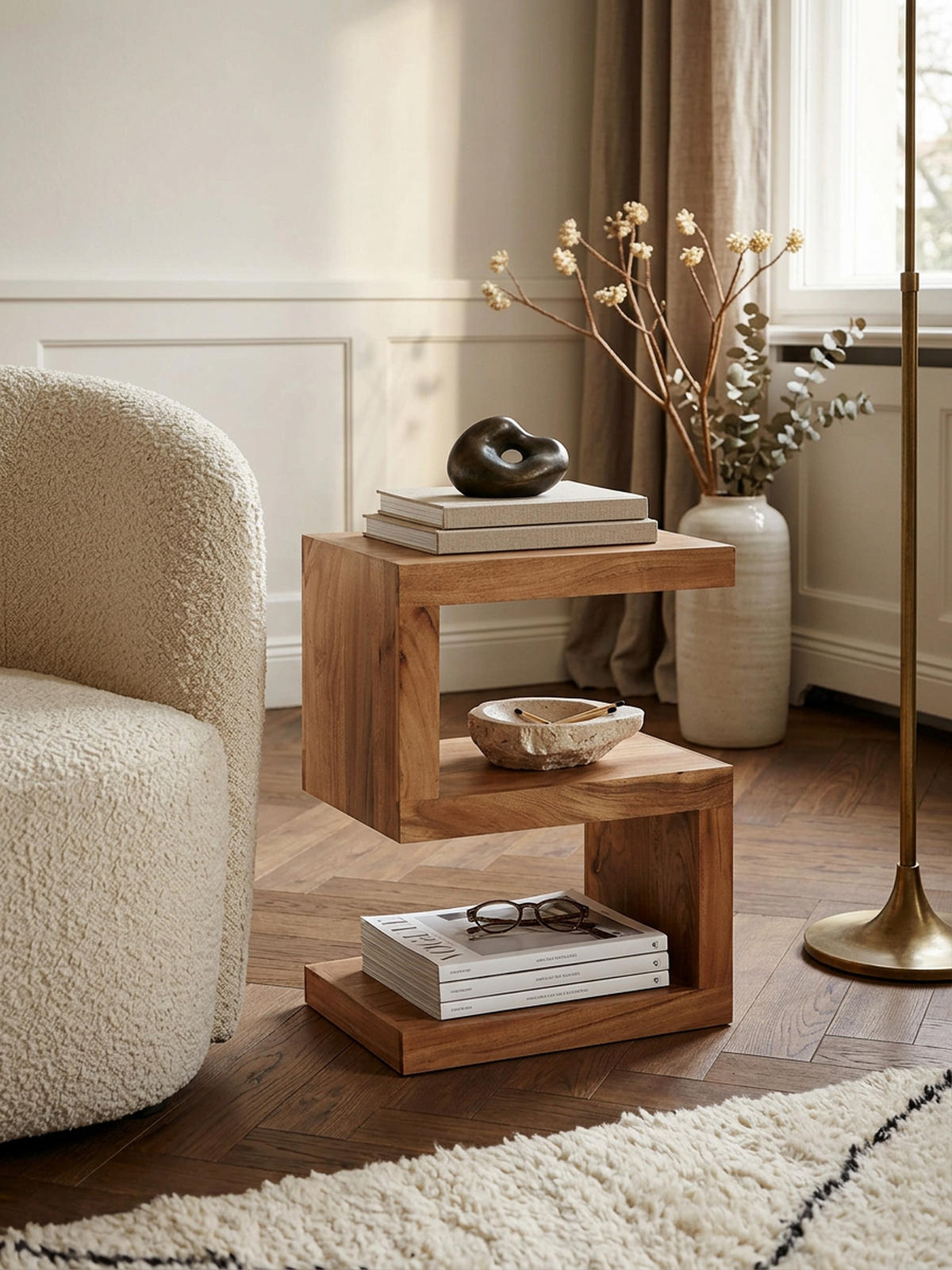 BEISTELLTISCH Massivholz S-Form Handgefertigt, Beige 44x30x60 cm - Beige, Holz (30/44/60cm) - KADIMA DESIGN