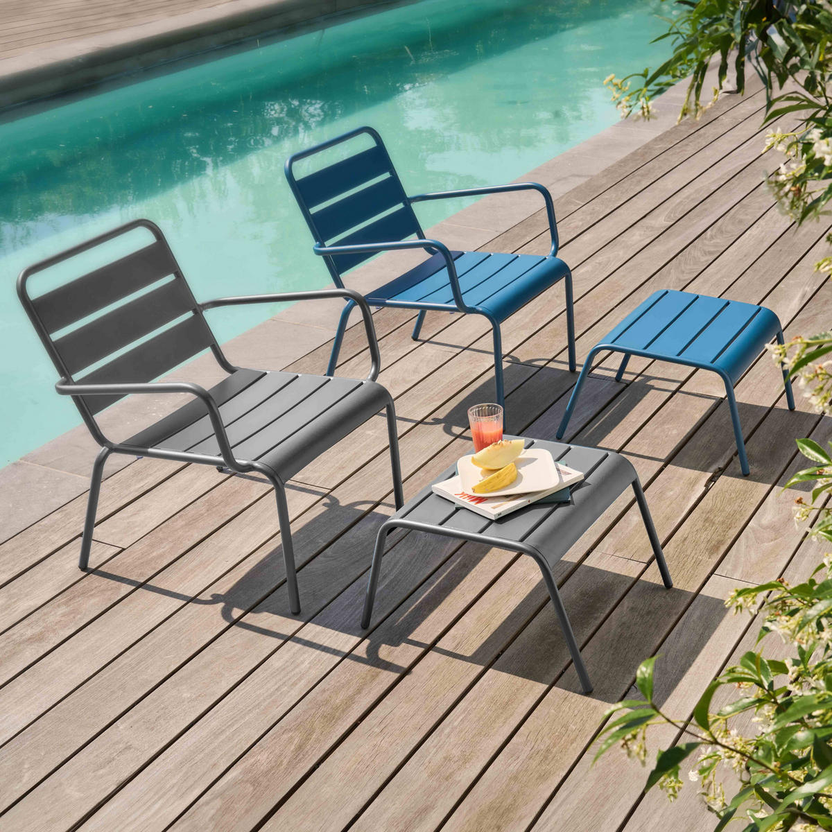 RELAXSESSEL MIT HOCKER 2-tlg., Grau/Pazifikblau - Blau, Metall (64/72/60cm) - Oviala