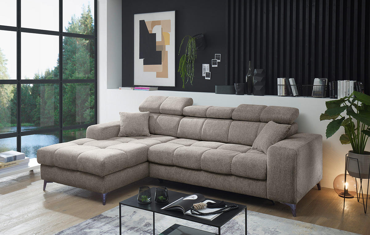 ECKSOFA mit Longchair - Kopfstütze verstellbar, Schlaffunktion, Bettkasten - Taupe/Schwarz, Kunststoff/Textil (268/172cm) - home24