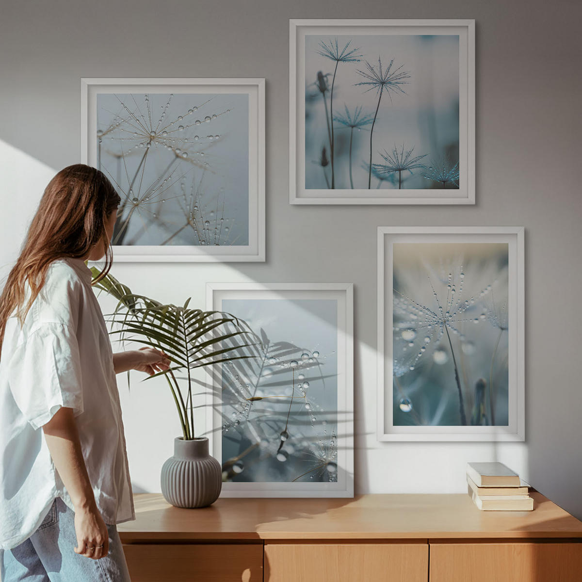 BILDER SET 4er Set - 50x50 cm & 40x60 cm Weißer Rahmen - Tautropfen auf Löwenzahn - Weiß, Kunststoff (50/50cm) - TULUP