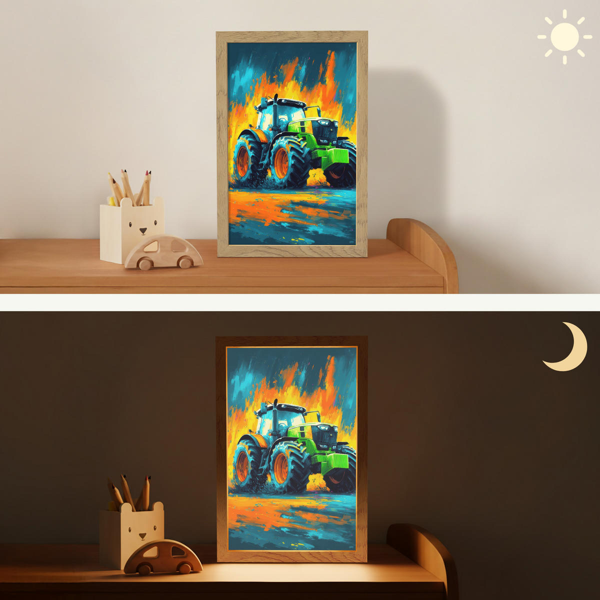 NACHTTISCHLAMPE Abstrakt - Traktor - Grün 20x30 cm - Dunkelblau, Holzwerkstoff (8/20/30cm)