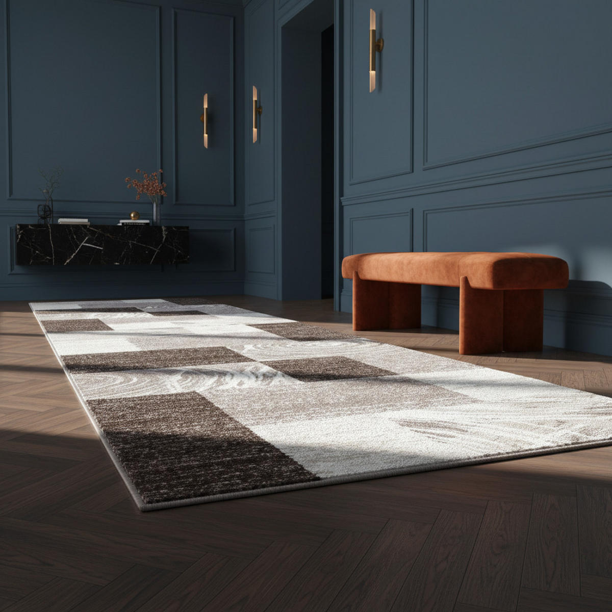 TEPPICH Handwäsche Kurzflor Abstrakte Karos Polypropylen Wohnzimmer Braun Läufer 80x300 - Braun, Textil (80/300cm) - KADIMA DESIGN