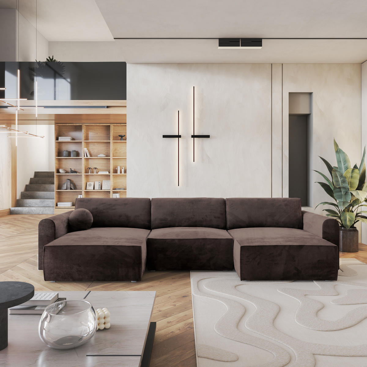 ROHOVÁ SEDAČKA FENTO hnědá - šedá/hnědá, dřevo/textil (347/148cm) - MASSENO