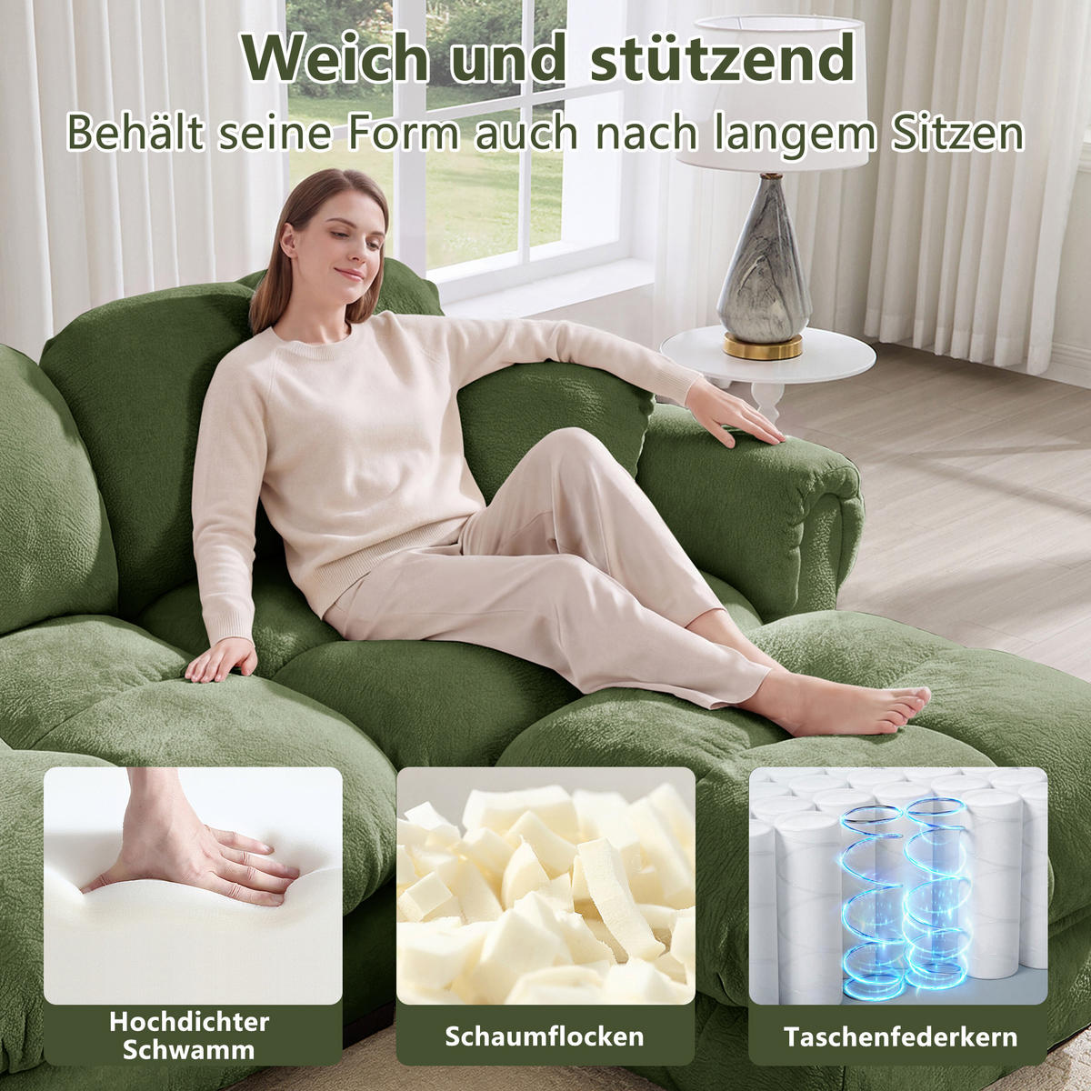 ECKSOFA 260/149/90 cm Grün Cord mit mobiler Ottomane und 2 kleinen Dekokissen - Grün, Textil (260/149cm) - Oxeza