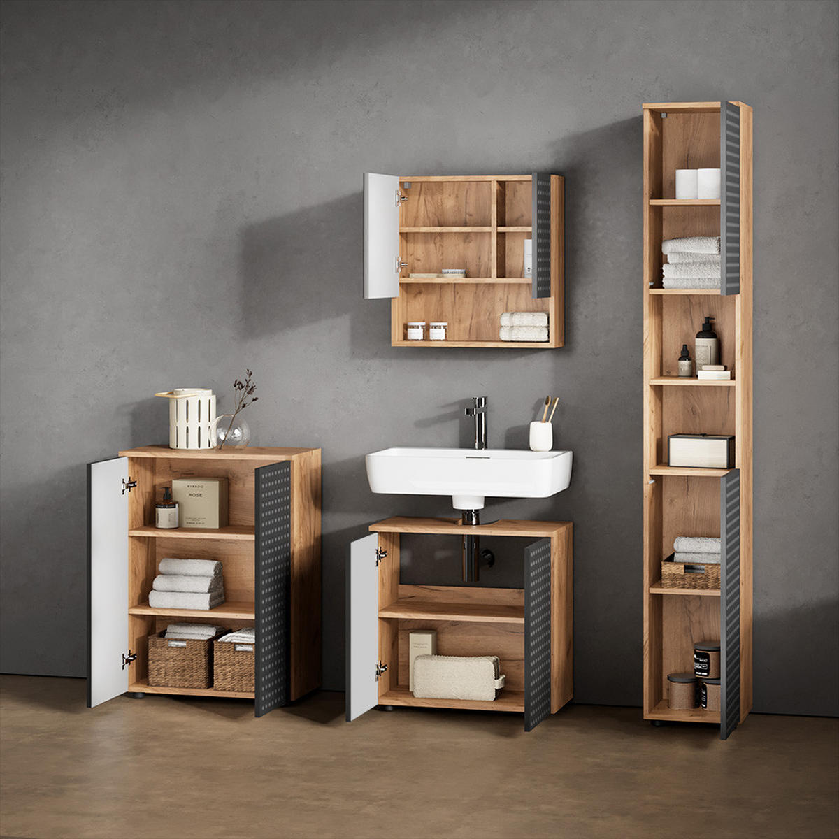 BADMÖBEL-SET Ronco Anthrazit gepunktet 4 Teile, mit Hochschrank und Kommode - Anthrazit/Eiche Wotan, Holzwerkstoff (60/59/30cm) - Livinity®