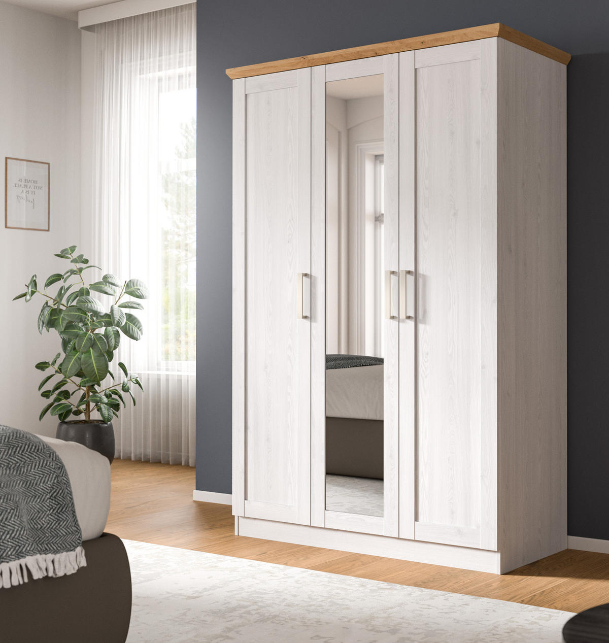 KLEIDERSCHRANK weiß Lärche, Eiche Artisan 3-türig 124 cm, Drehtürenschrank im Landhaus-Stil - Beige/Lärchefarben, Glas/Holzwerkstoff (124/185/54cm) - Inn.Furn