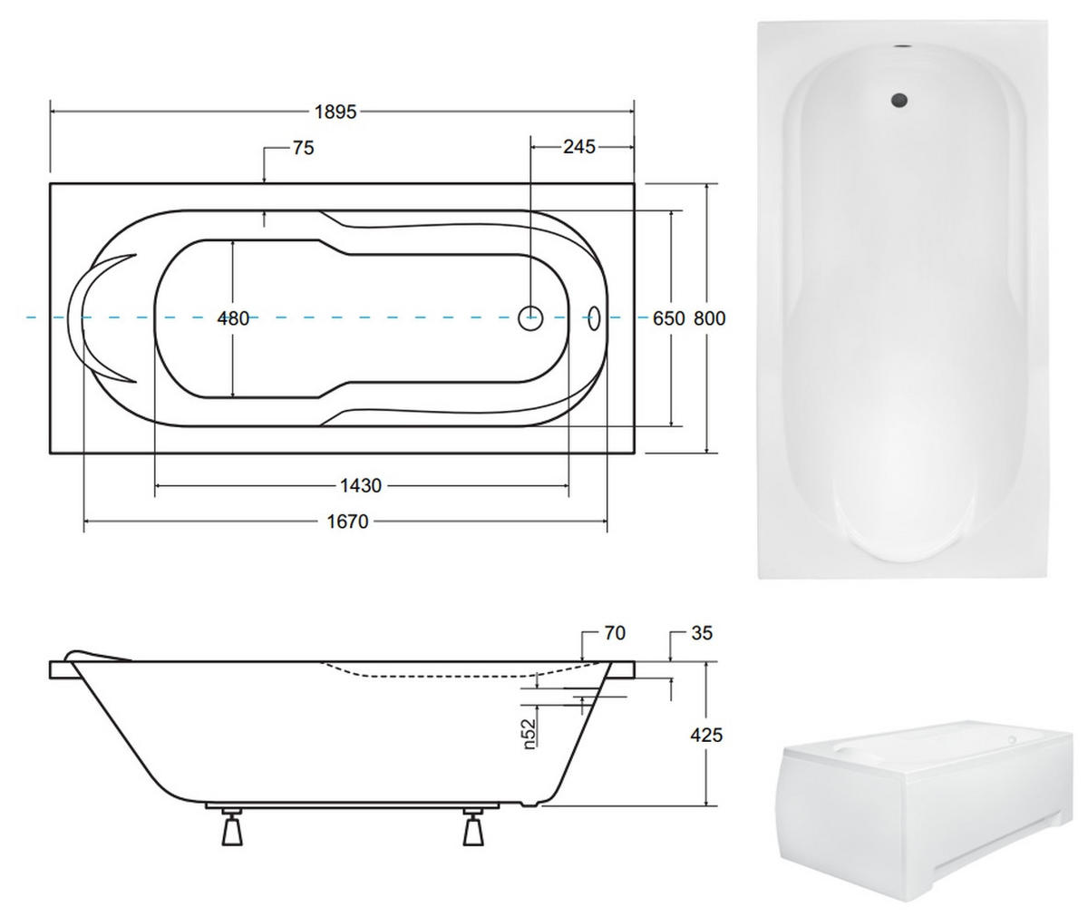 BADEWANNE Rechteck BONA 190/80 + Ablage + Kopfstütze Ablauf Füße - Weiß, Kunststoff (80/58.5/190cm) - bad land