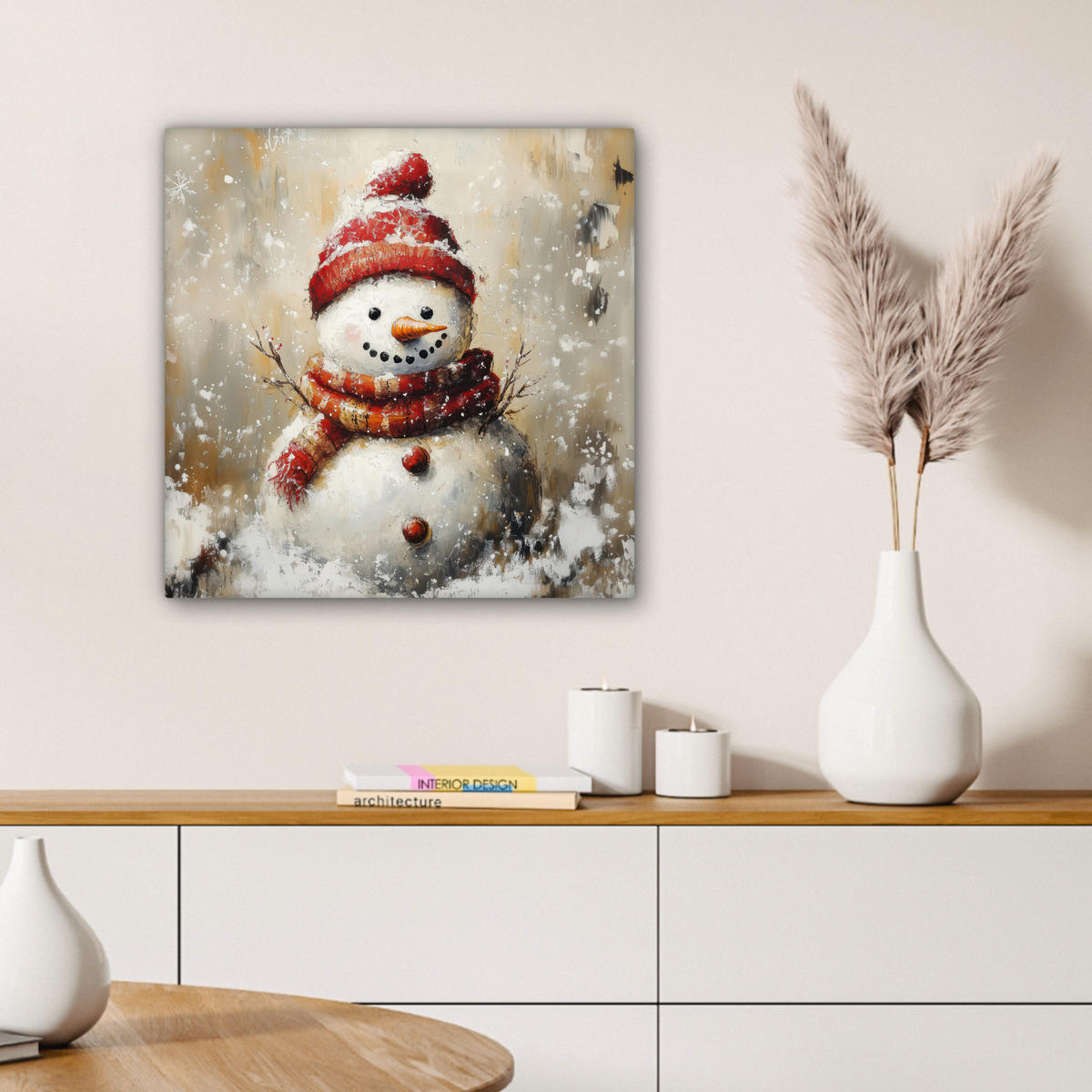 LEINWANDBILD Schneemann - Winter - Schnee - Beige 50x50 cm - Weiß, Textil (50/50cm) - MuchoWow