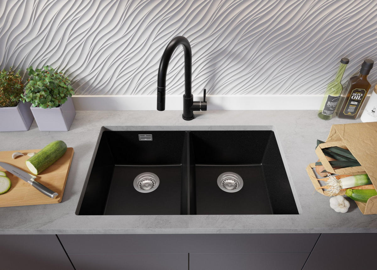 UNTERBAUSPÜLE GRANIT London Twin, 2-er set Schwarz 76/47 cm 2 Becken + Küchenarmatur 32/20 cm + Ablauf-Set ab 80er Unterschrank - Chromfarben/Schwarz, Kunststoff (76/20/47cm) - Primagran