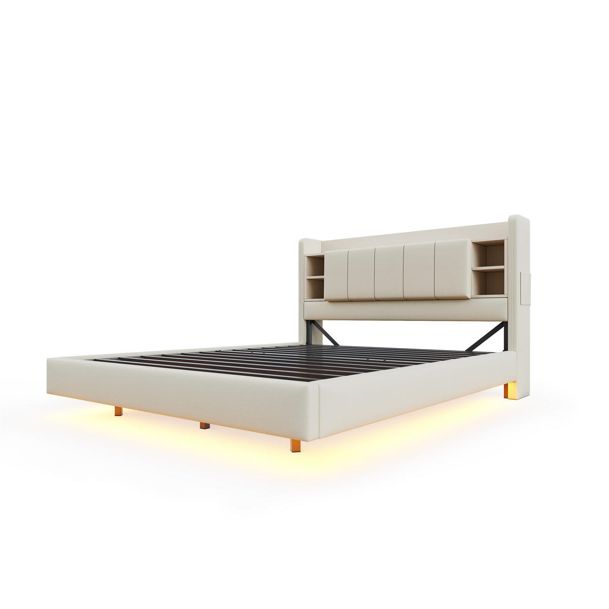 POLSTERBETT 140/200 cm DE-01953, in Beige, mit LED, USB und wendbarem Kopfteil - Beige, Metall (140/200cm) - ComfortXL