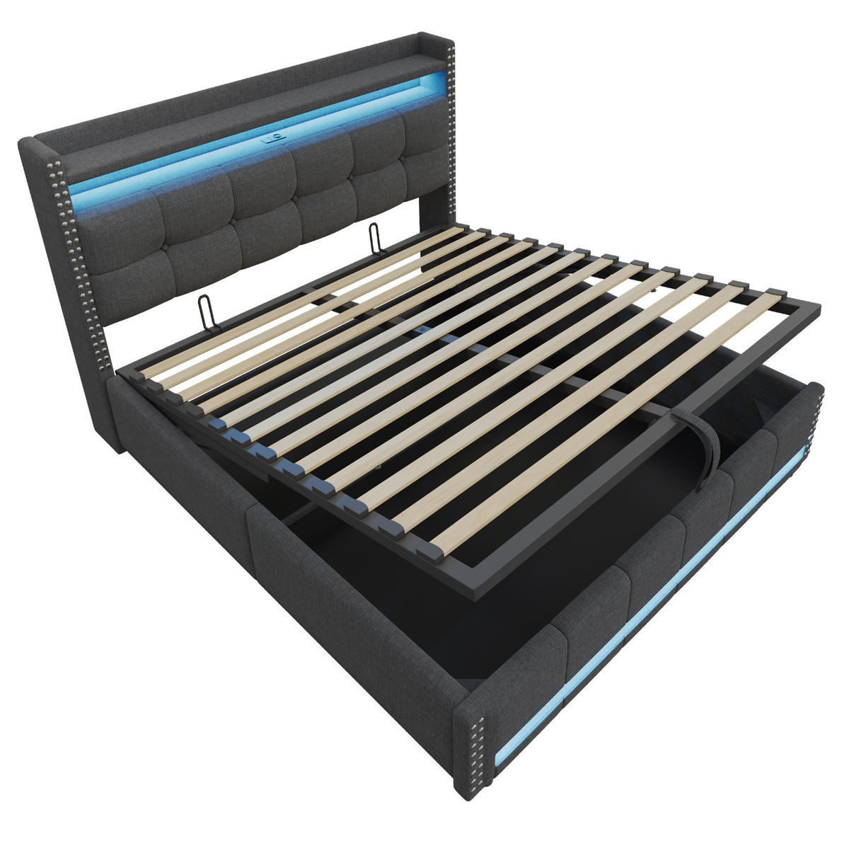ČALÚNENÁ posteľ z ľanovej tkaniny 180x200 cm sivá s LED, USB a hydraulickým úložným priestorom - sivá, textil (180/200cm) - Modfu