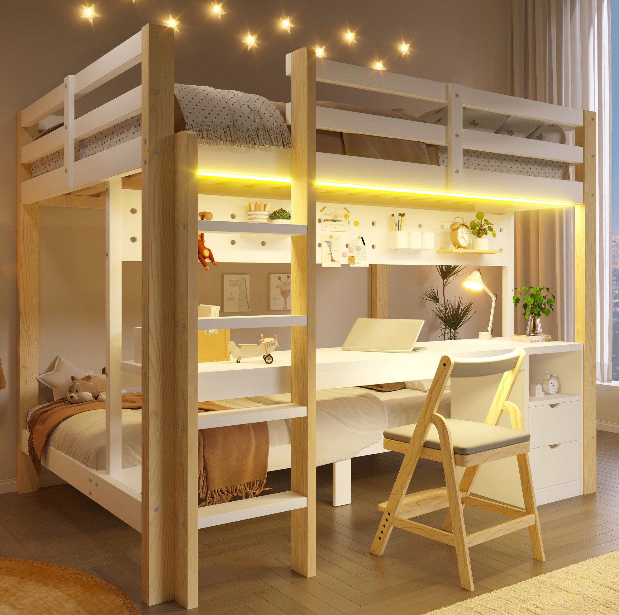 HOCHBETT 90/200 cm und 140/200 cm mit Schubladen, Schreibtisch und LED-Beleuchtung, Natur/Weiß - Weiß, Holz (90/200cm) - Redom