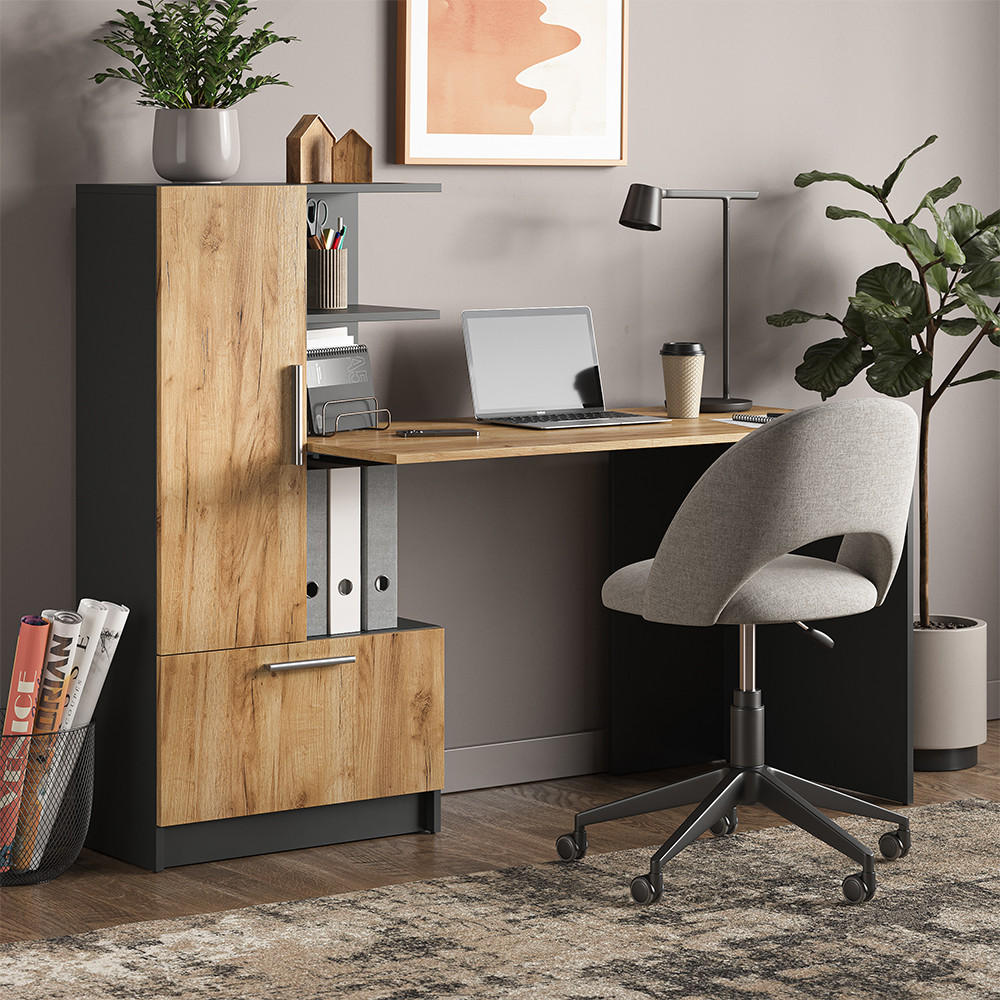 Thumbnail - Vicco Schreibtisch, Anthrazit, Honigeiche, Holzwerkstoff, 8 Fächer, 1 Schubladen, Rechteckig, 150x120x59 cm, Arbeitszimm...