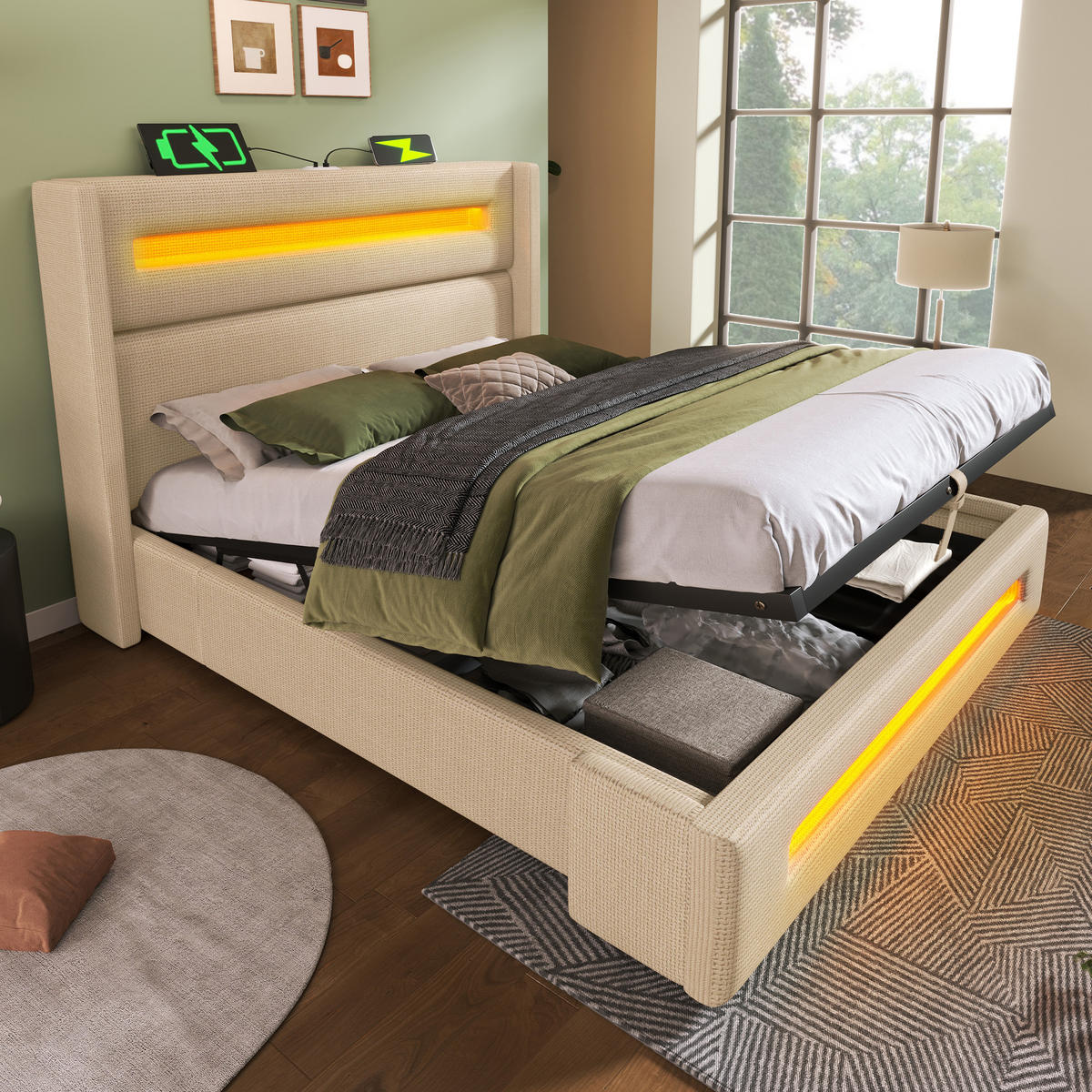 POLSTERBETT 160/200 cm Beige mit LED und Stauraum mit USB Type-C Aufladen - Beige, Textil (160/200cm) - OKWISH