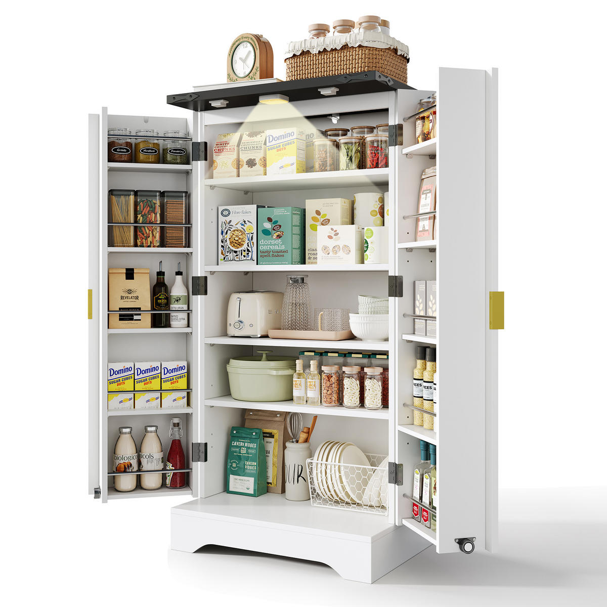 BUFFET Moderner Hochschrank MDF gerillte Türen LED Sensorlicht verstellbare Böden platzsparend Gold 120/60/40 cm - Weiß, Holzwerkstoff (60.5/120/40cm) - EVRYAE