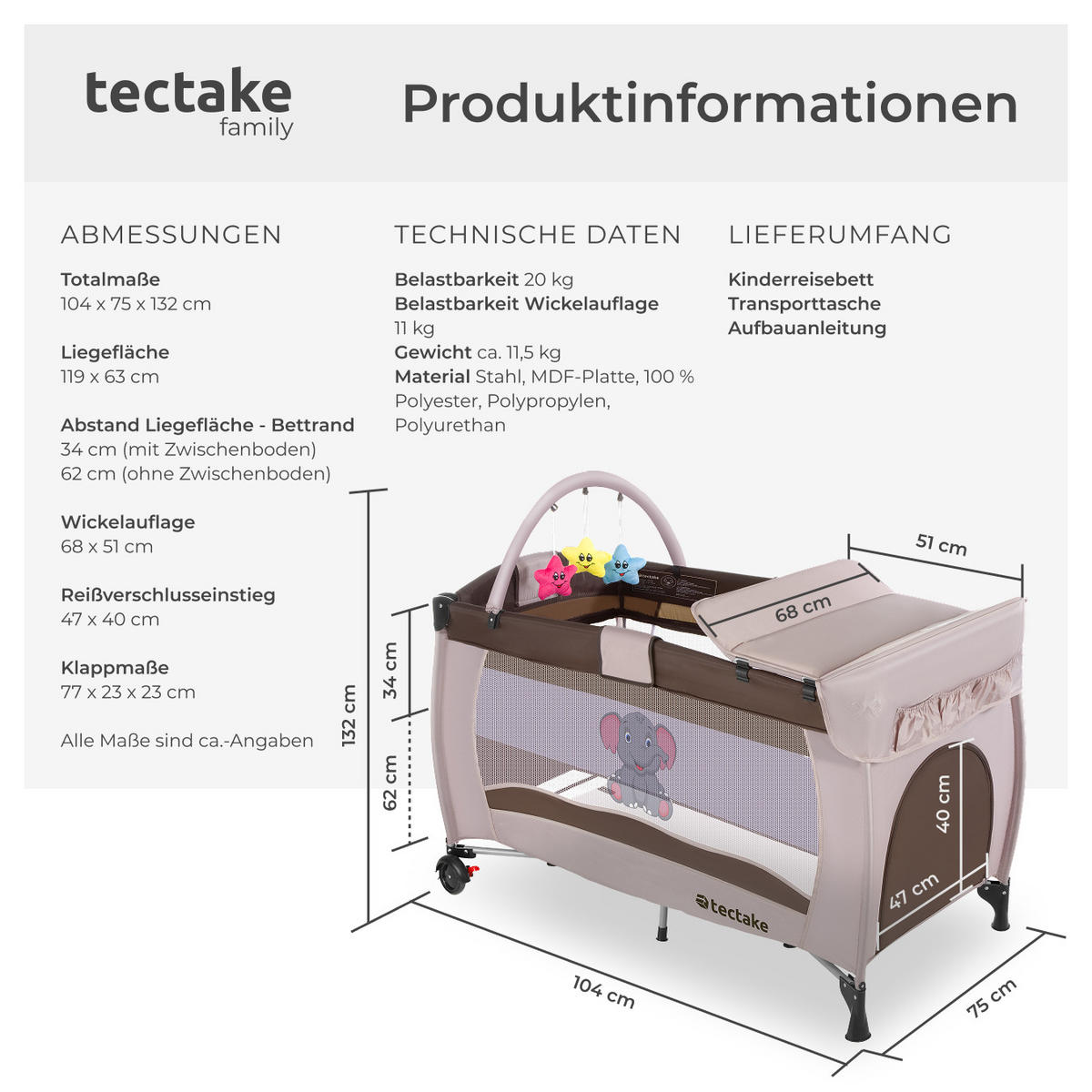 KINDER REISEBETT Elefant,inklusive Tragetasche, 132 x 75 x 104 cm,braun - Braun, Kunststoff (75/104/132cm) - tectake