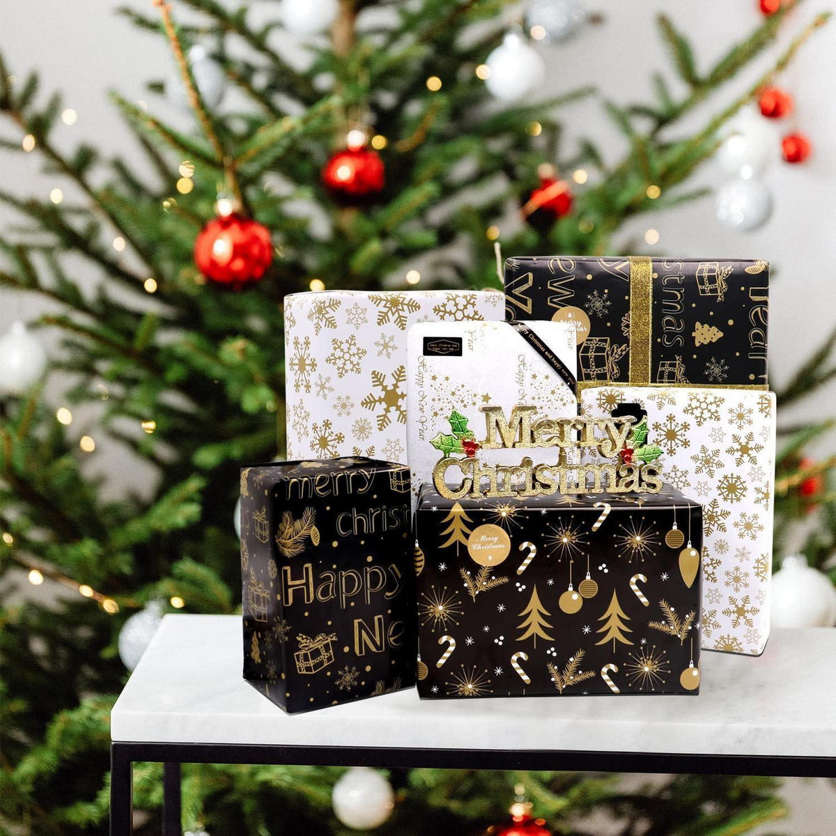 GESCHENKPAPIER Set Weihnachten 6 Blatt Gold Schwarz 70x50cm - Multicolor, Papier (50/1/70cm)