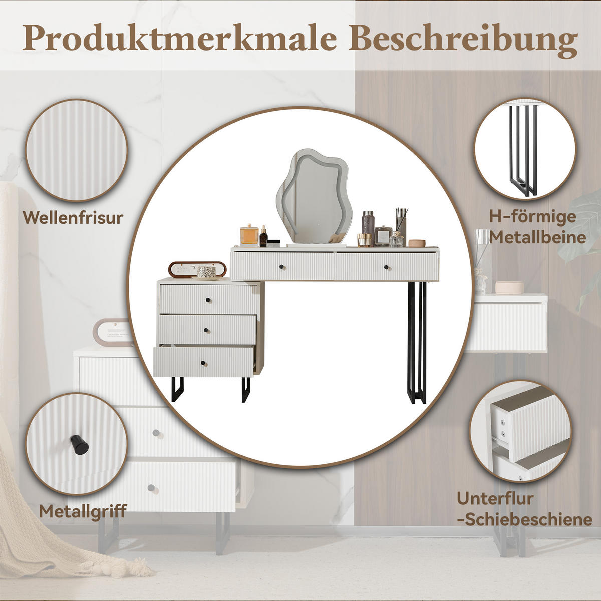 SCHMINKTISCH in Weiß Frisiertisch-Set mit Spiegel LED Beleuchtung ausziehbarer Tischplatte 3 Farb Licht,B100/T40/H76cm - Schwarz/Weiß, Glas/Holzwerkstoff (100/76/40cm) - STILVORA