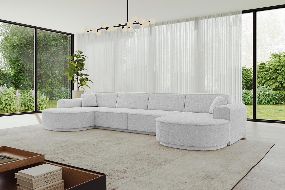 WOHNLANDSCHAFT MARI-U2-v3 - 388x171x83 cm Hellgrau Bouclé - Hellgrau/Schwarz, Holzwerkstoff/Kunststoff (388/83/171cm) - ALTDECOR