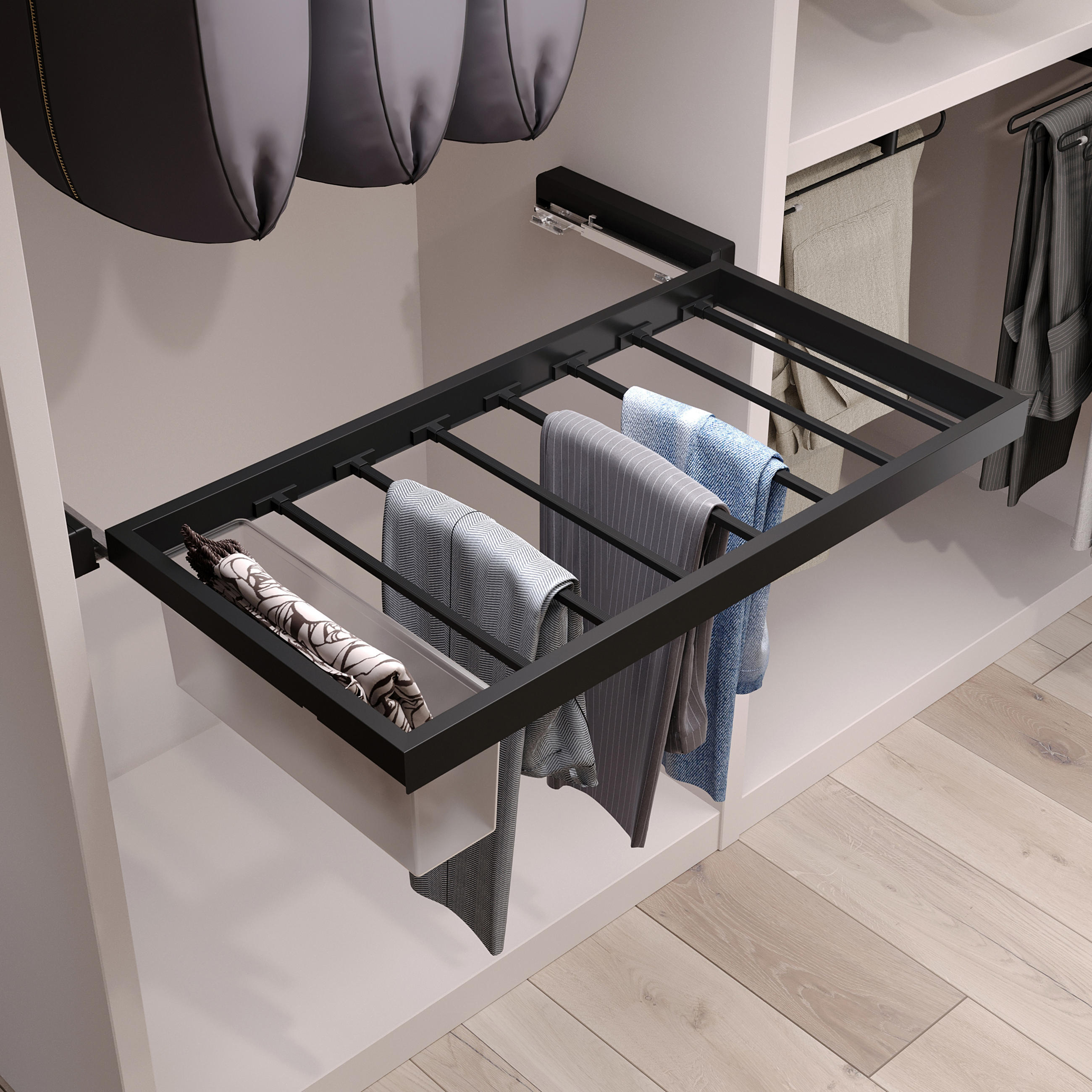 HOSENTRÄGER, 2 Ablagen und sanft schließendem Gleitrahmen für Kleiderschränke, verstellbar, Modul 900mm, Schwarz texturiert 7er-set - Schwarz, Metall (100/15/52.5cm) - EMUCA
