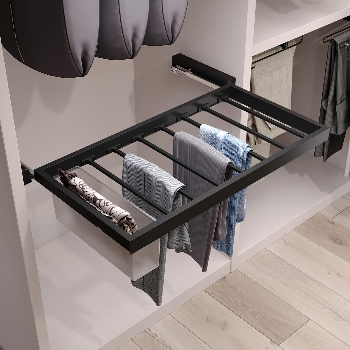 HOSENTRÄGER, 1 Tablett und sanft schließendem Gleitrahmen für Kleiderschränke, verstellbar, Modul 800mm, Schwarz texturiert 7er-set - Schwarz, Metall (77.5/15/52.5cm) - EMUCA