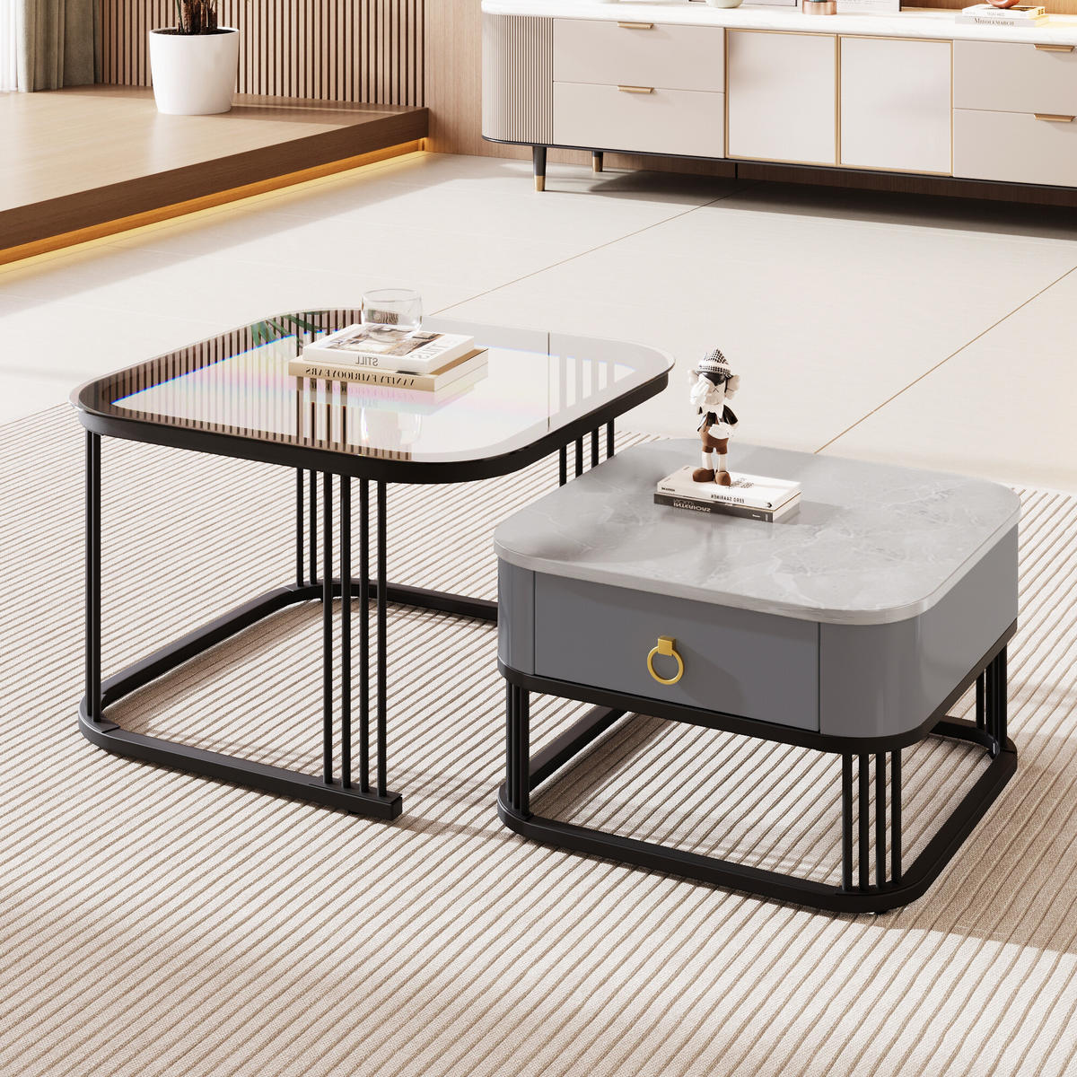 COUCHTISCHSET Schwarz 60/60/45 cm - Schwarz, Holzwerkstoff/Metall (60/60/45cm) - Urban Meuble