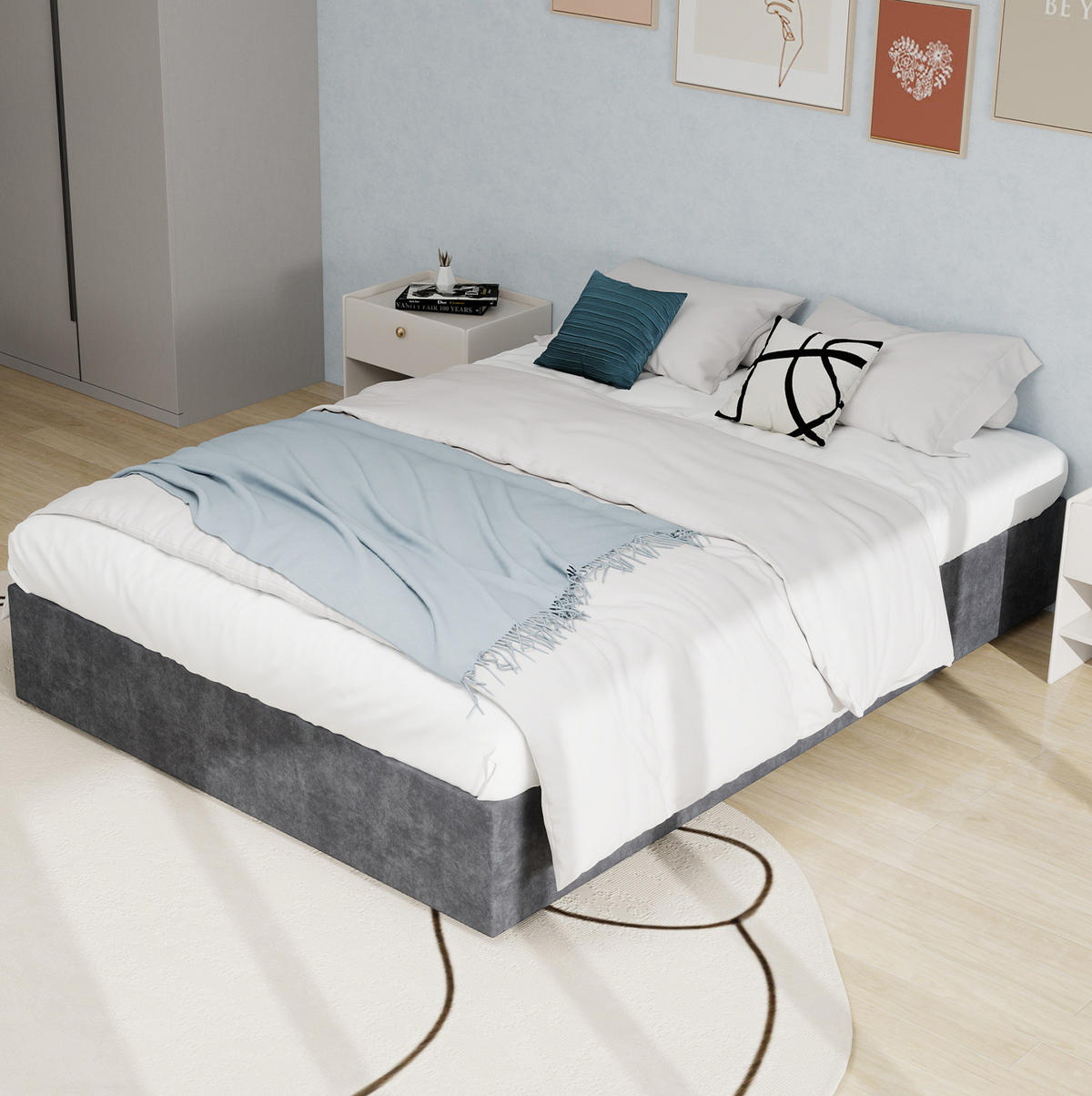 POLSTERBETT 160/200 cm grau aus Stoff und Metall mit Lattenrost - Grau, Textil (160/200cm) - OKWISH