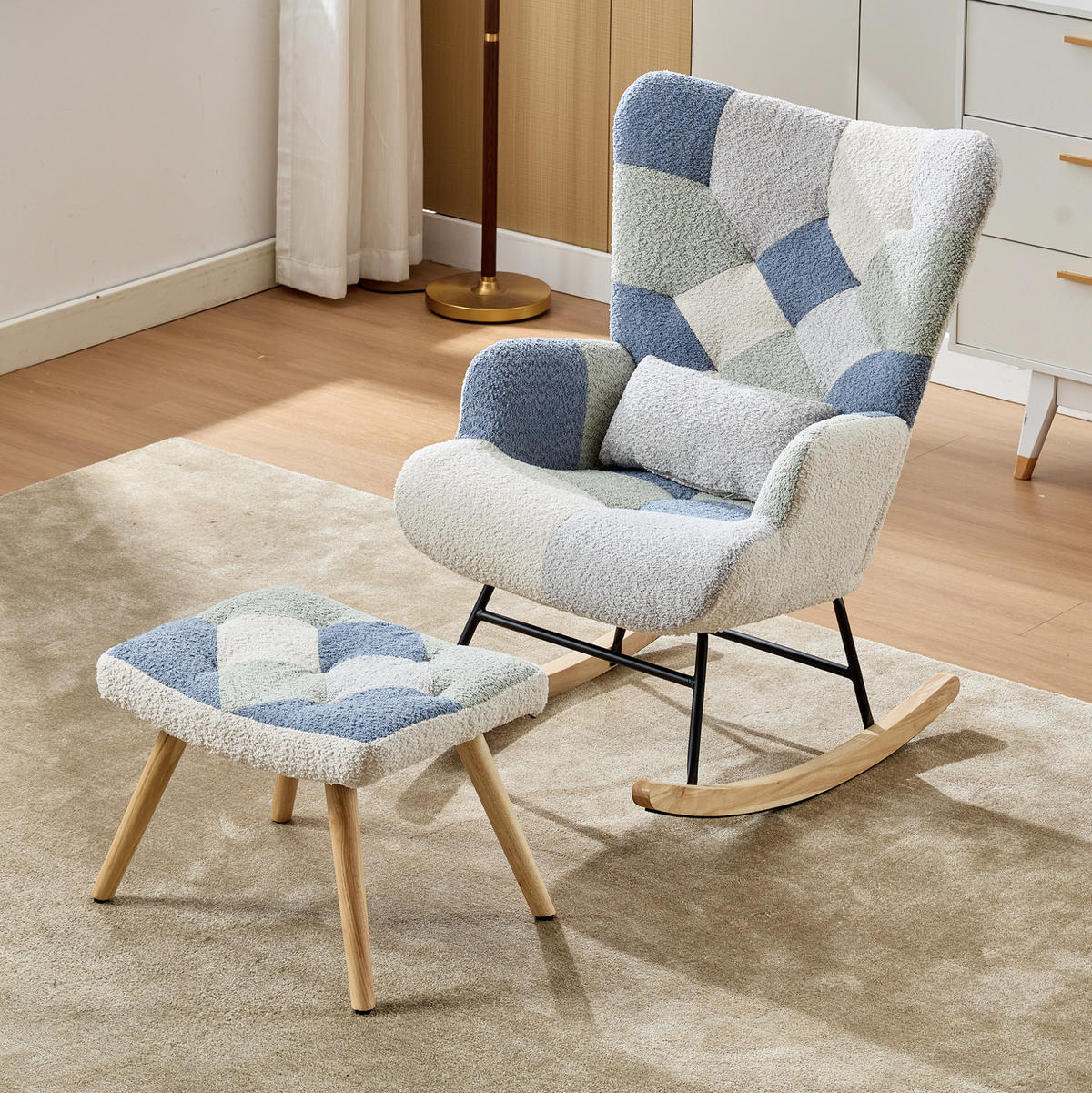 HOJDACIA stolička 122/68/91 cm z látky béžovo-modré s podnožkou - viacfarebná, textil (68/91/122cm) - BEAOK